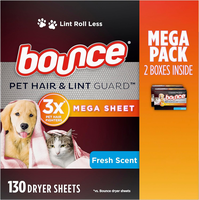 Bounce: Pet Hair and Lint Guard Mega Dryer Sheets with 3X Pet Hair Fighters, Fresh Scent, 130 Count