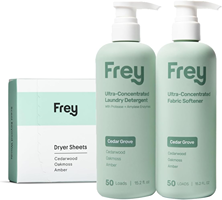 FREY: The Complete Package - Concentrated Liquid Laundry Detergent, Fabric Softener, & Dryer Sheets (Cedar Grove)