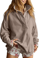 Women Oversized Henley Neck Pullover - Coffeegrey